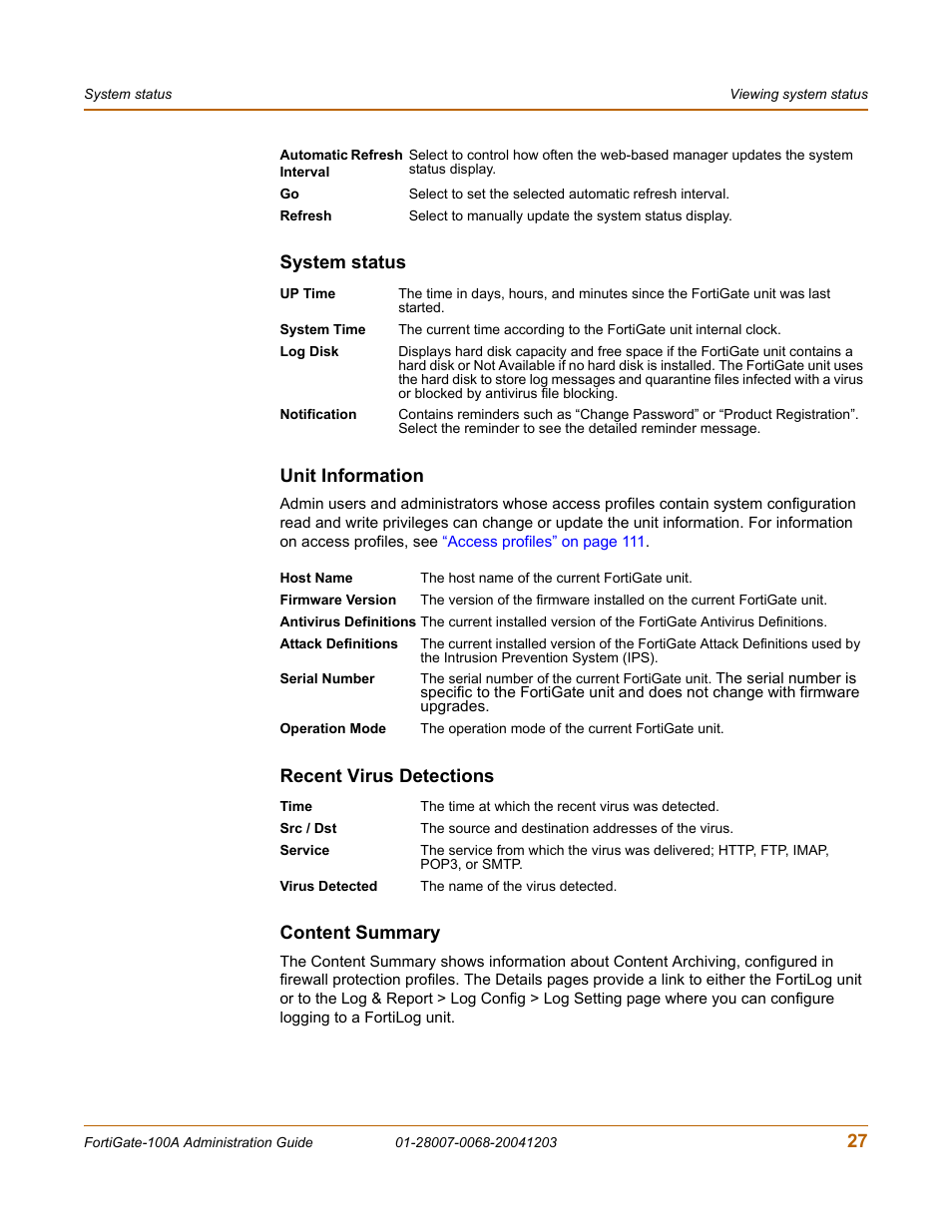 System status, Unit information, Recent virus detections | Content summary, 27 system status unit information, Recent virus detections content summary | Fortinet 100A User Manual | Page 27 / 374