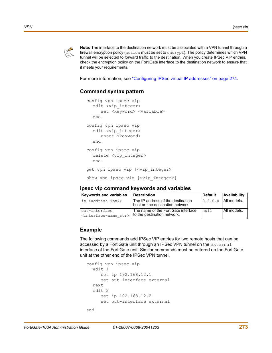 Command syntax pattern, Example | Fortinet 100A User Manual | Page 273 / 374