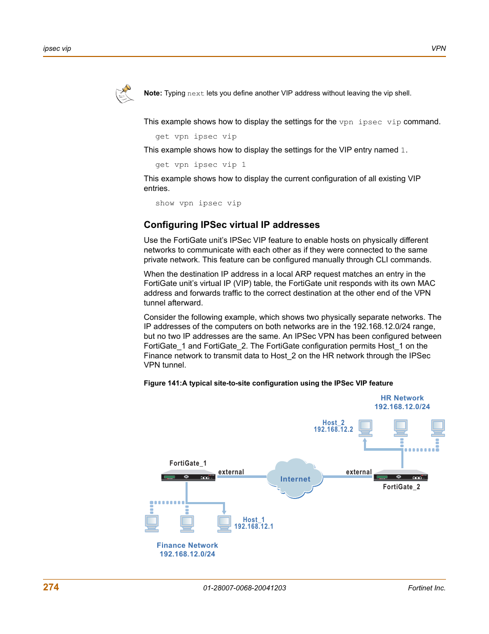 Configuring ipsec virtual ip addresses | Fortinet 100A User Manual | Page 274 / 374