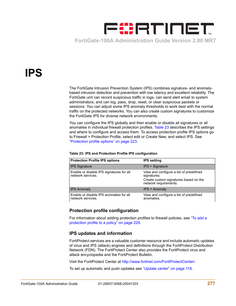 Protection profile configuration, Ips updates and information | Fortinet 100A User Manual | Page 277 / 374