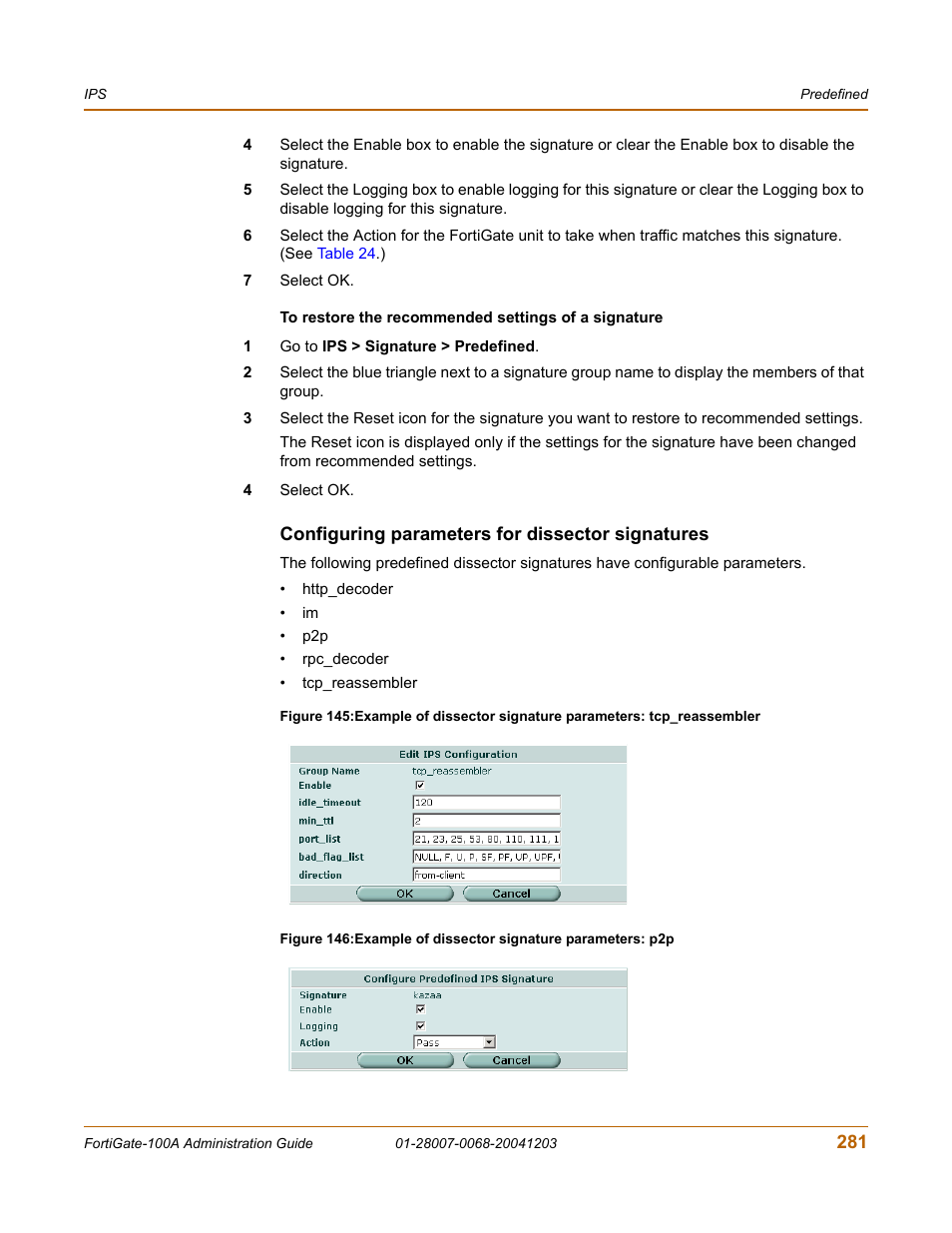 Configuring parameters for dissector signatures | Fortinet 100A User Manual | Page 281 / 374