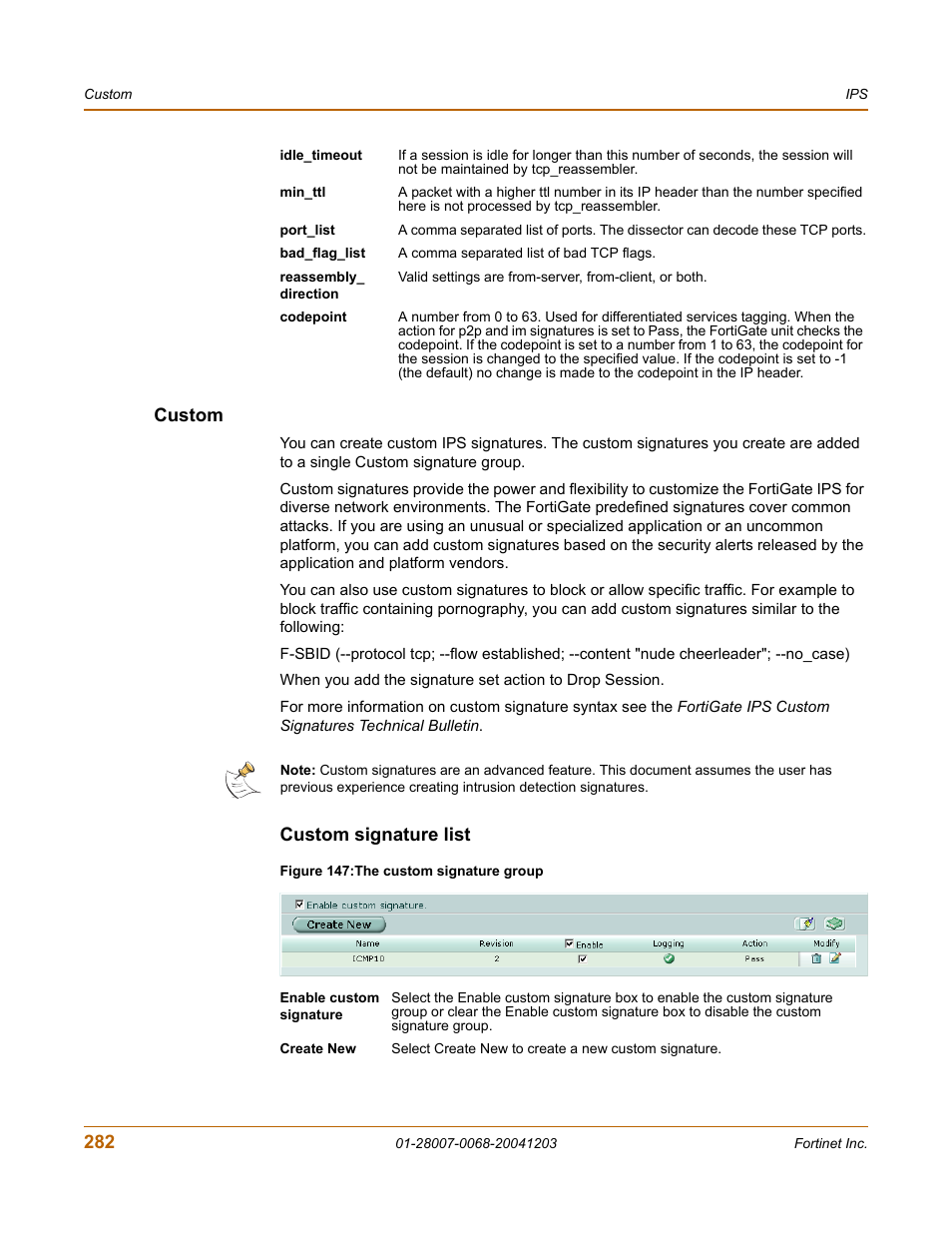 Custom, Custom signature list | Fortinet 100A User Manual | Page 282 / 374