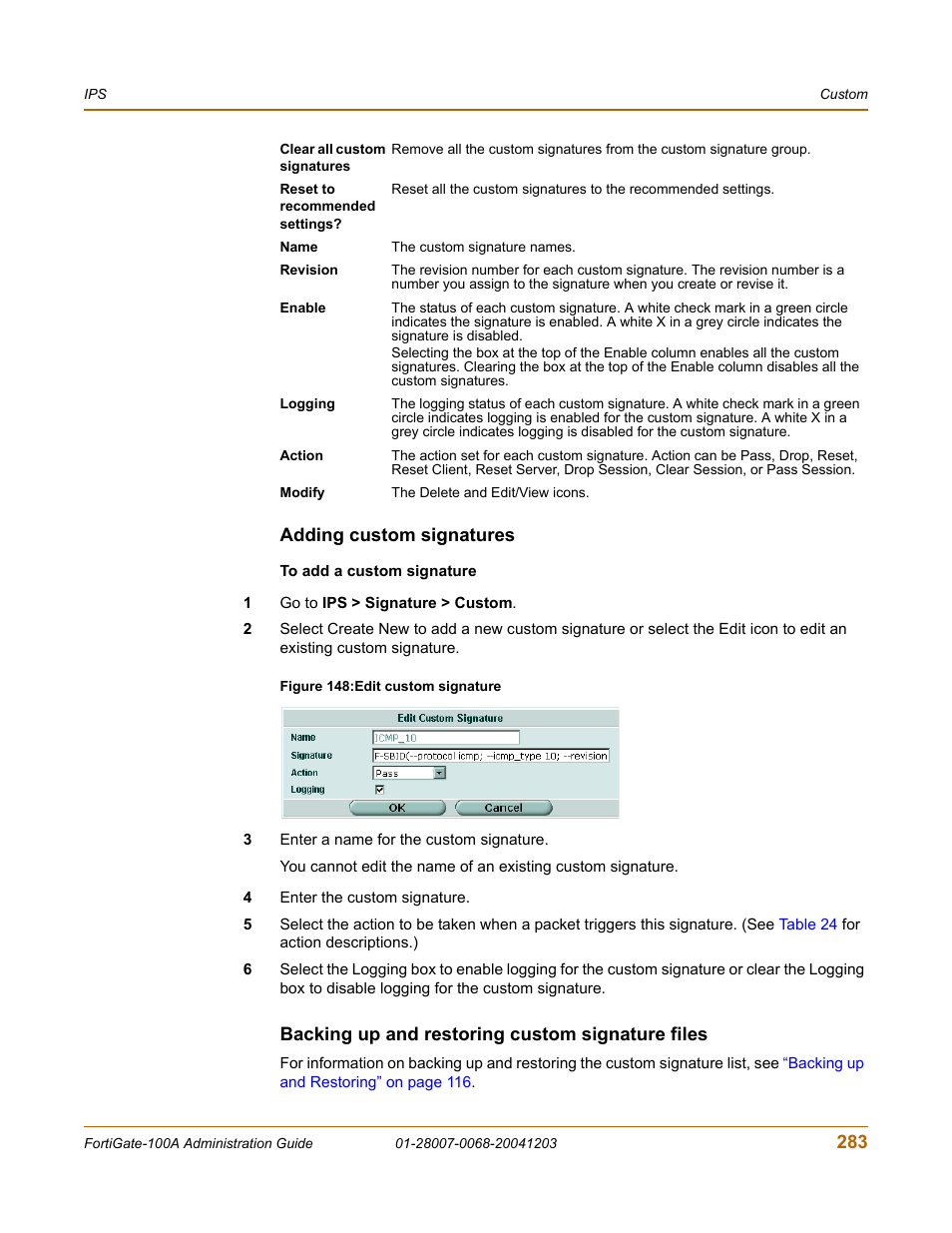 Adding custom signatures, Backing up and restoring custom signature files, Backing up and restoring custom signature | Adding custom | Fortinet 100A User Manual | Page 283 / 374