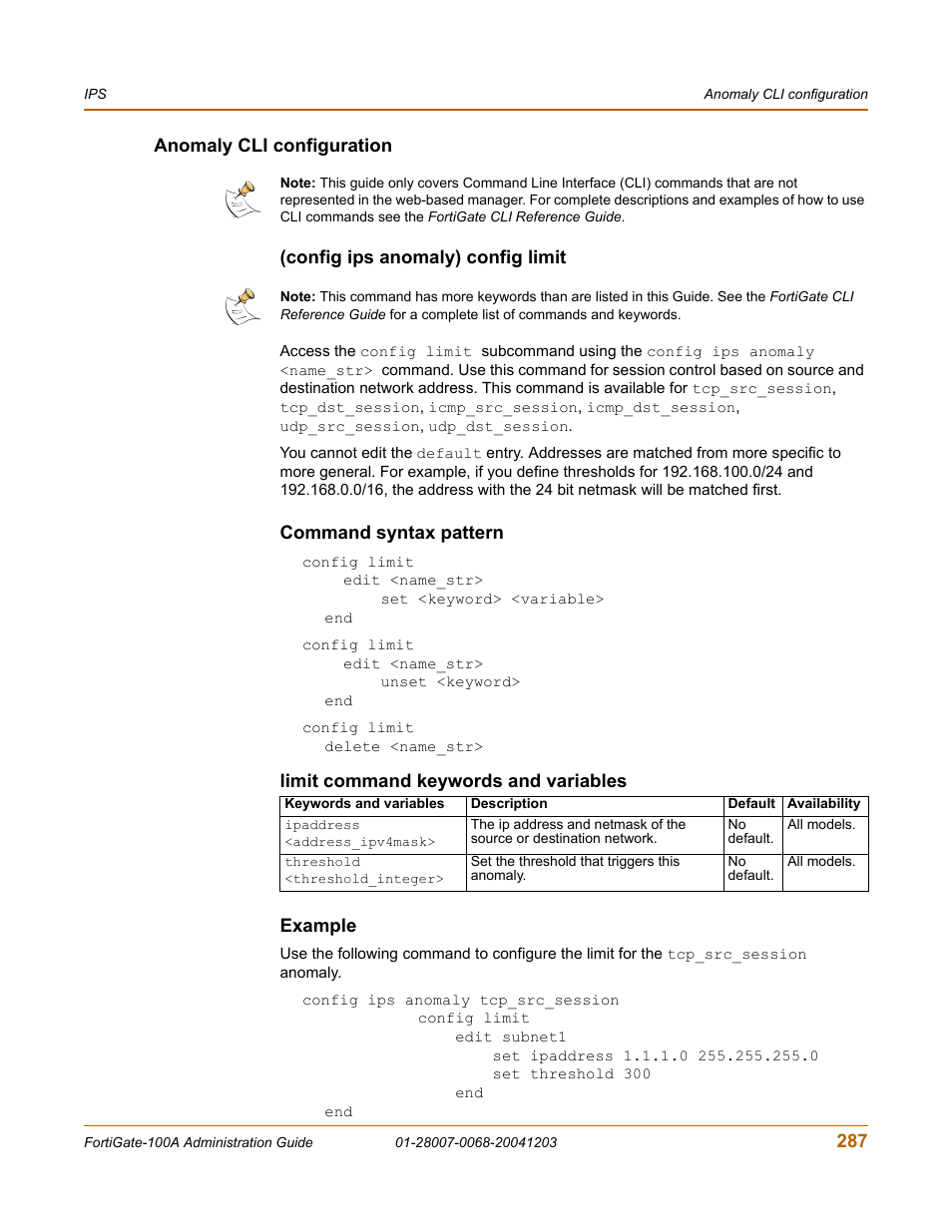 Anomaly cli configuration, Config ips anomaly) config limit, Command syntax pattern | Example | Fortinet 100A User Manual | Page 287 / 374