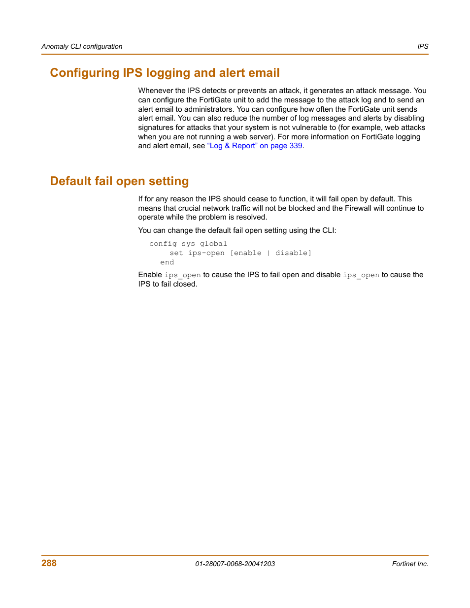 Configuring ips logging and alert email, Default fail open setting | Fortinet 100A User Manual | Page 288 / 374