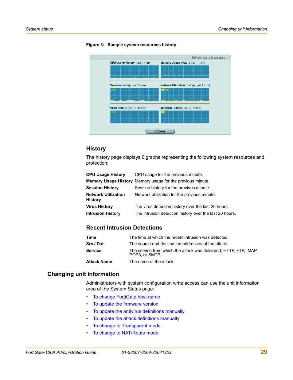 History, Recent intrusion detections, Changing unit information | Fortinet 100A User Manual | Page 29 / 374