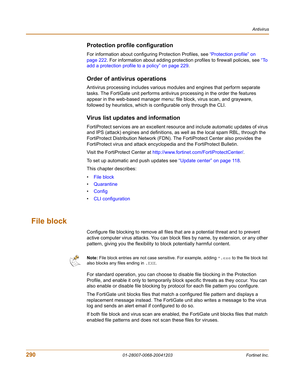 Protection profile configuration, Order of antivirus operations, Virus list updates and information | File block | Fortinet 100A User Manual | Page 290 / 374