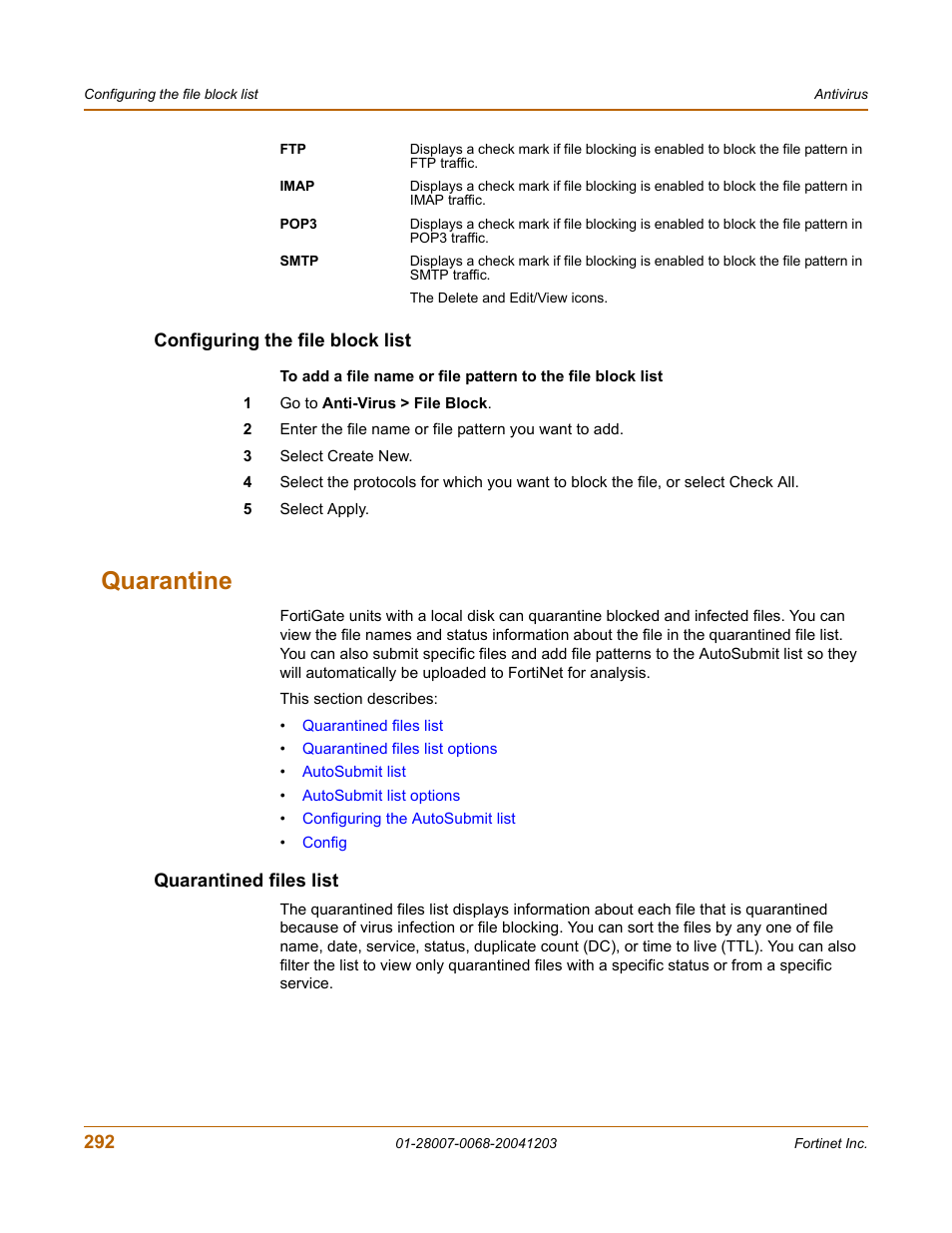 Configuring the file block list, Quarantine, Quarantined files list | Fortinet 100A User Manual | Page 292 / 374