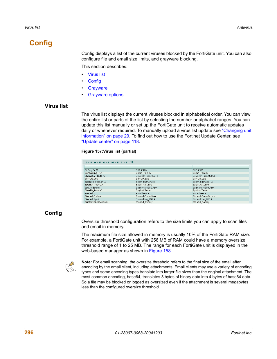 Config, Virus list, Virus list config | Fortinet 100A User Manual | Page 296 / 374