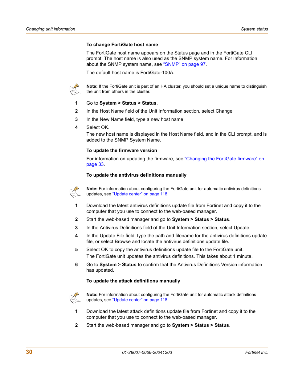 To change fortigate host name, To update the firmware version, To update the antivirus definitions manually | To update the attack definitions manually | Fortinet 100A User Manual | Page 30 / 374