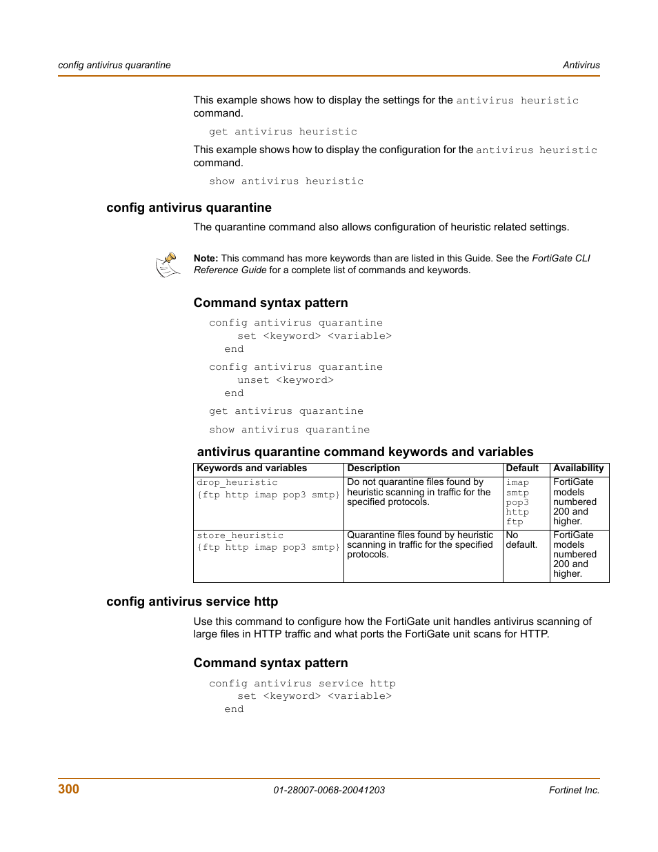 Config antivirus quarantine, Command syntax pattern, Config antivirus service http | Fortinet 100A User Manual | Page 300 / 374