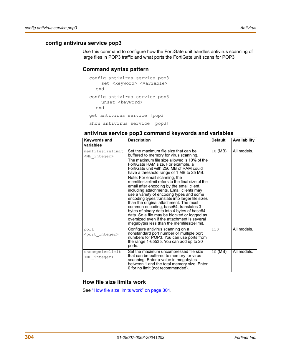 Config antivirus service pop3, Command syntax pattern, How file size limits work | Fortinet 100A User Manual | Page 304 / 374