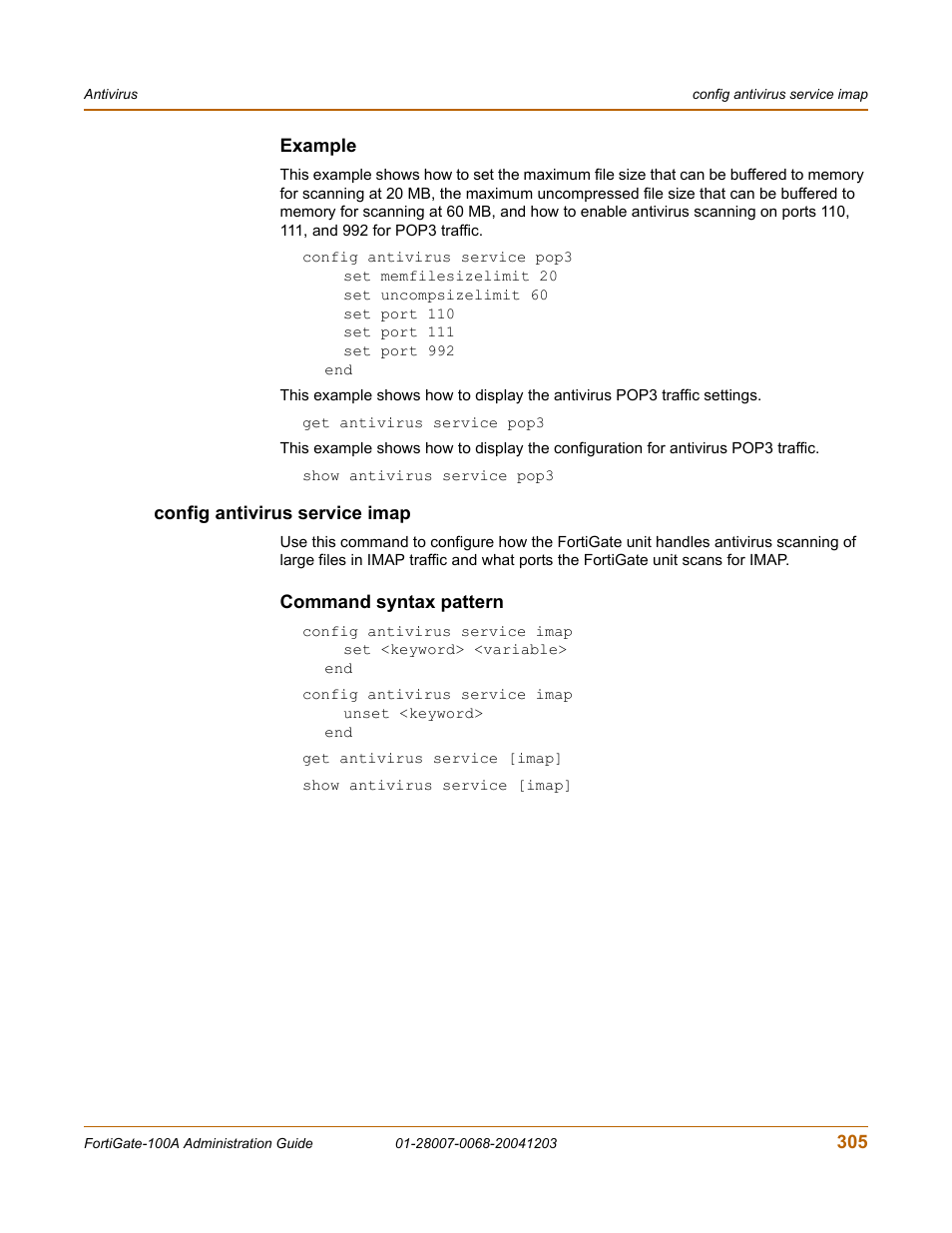 Example, Config antivirus service imap, Command syntax pattern | Fortinet 100A User Manual | Page 305 / 374