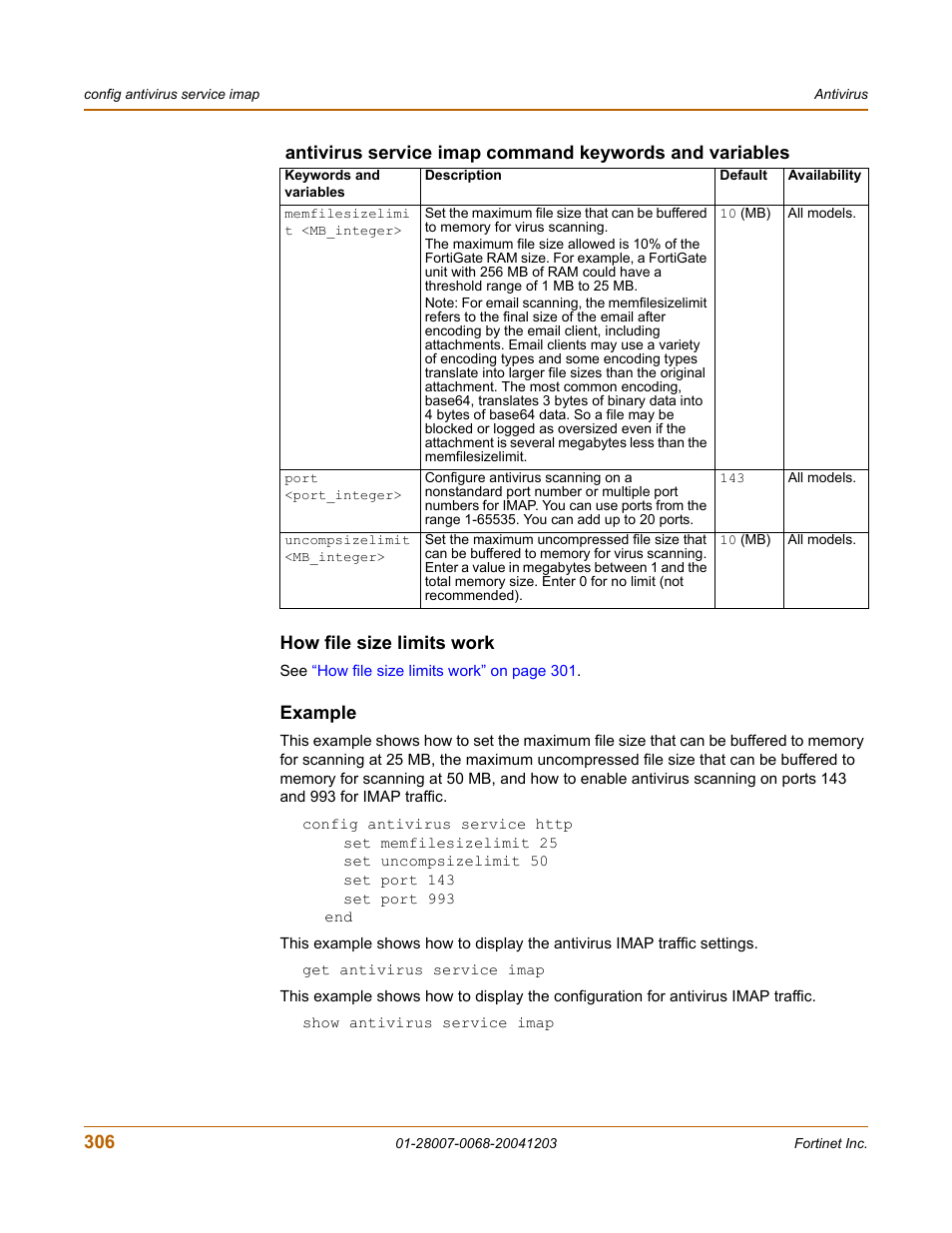 How file size limits work, Example | Fortinet 100A User Manual | Page 306 / 374