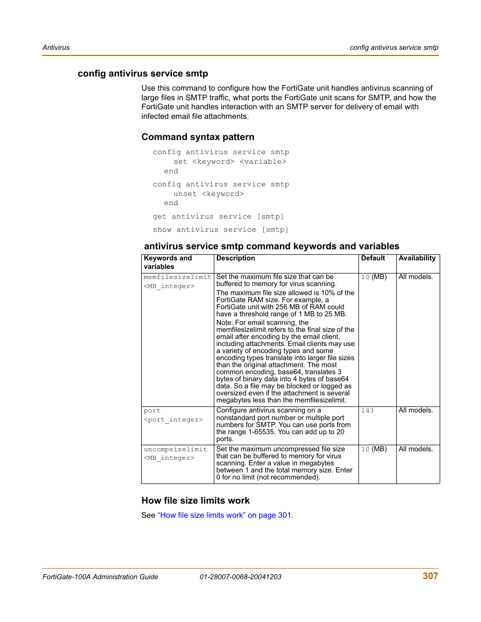 Config antivirus service smtp, Command syntax pattern, How file size limits work | 307 config antivirus service smtp | Fortinet 100A User Manual | Page 307 / 374