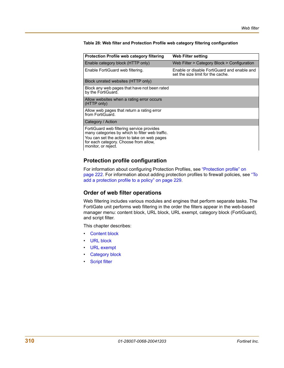 Protection profile configuration, Order of web filter operations | Fortinet 100A User Manual | Page 310 / 374