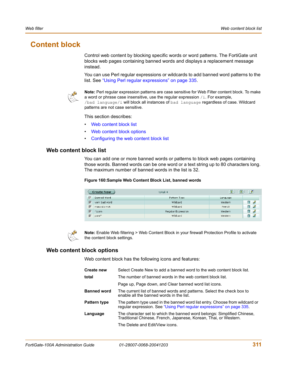 Content block, Web content block list, Web content block options | Web content block list web content block options | Fortinet 100A User Manual | Page 311 / 374