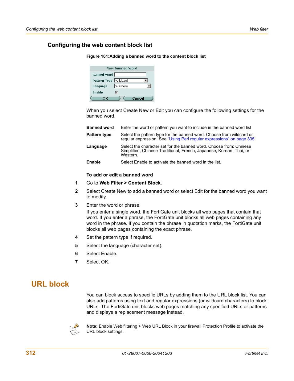 Configuring the web content block list, Url block | Fortinet 100A User Manual | Page 312 / 374