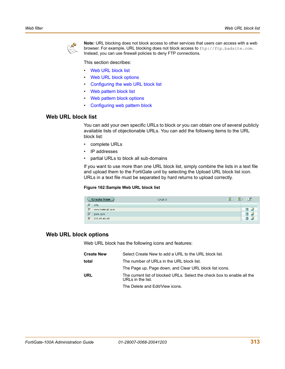 Web url block list, Web url block options, Web url block list web url block options | Fortinet 100A User Manual | Page 313 / 374