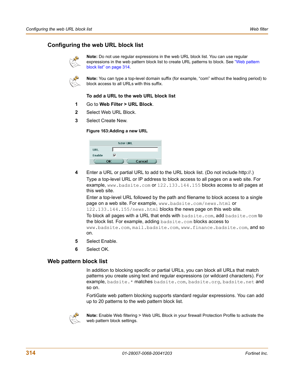 Configuring the web url block list, Web pattern block list | Fortinet 100A User Manual | Page 314 / 374