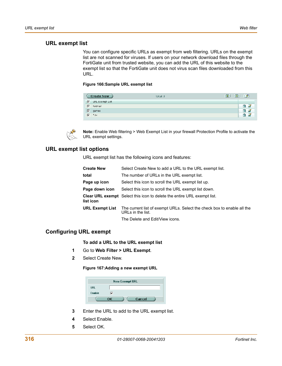 Url exempt list, Url exempt list options, Configuring url exempt | Fortinet 100A User Manual | Page 316 / 374