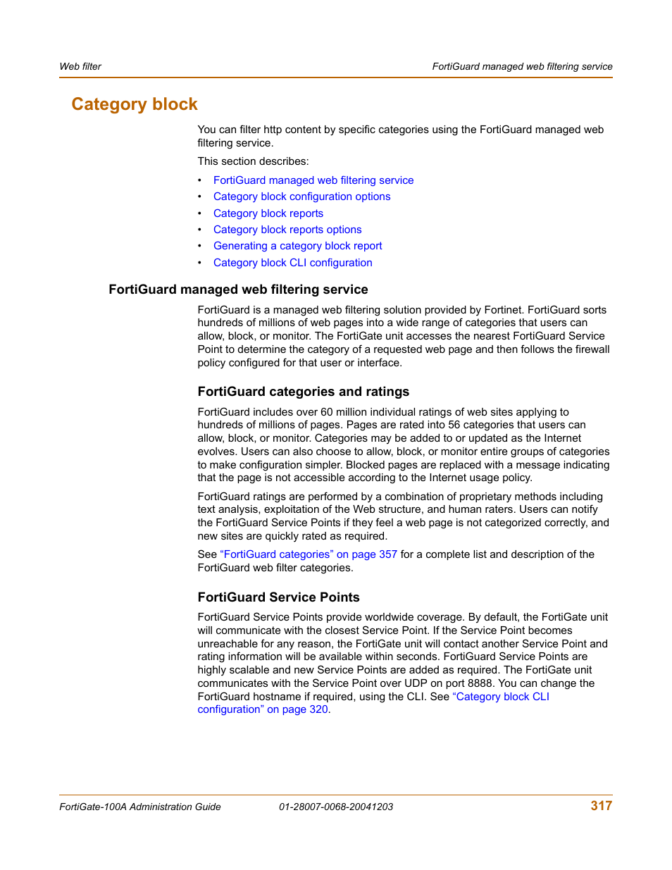 Category block, Fortiguard managed web filtering service, Fortiguard categories and ratings | Fortiguard service points, For mo | Fortinet 100A User Manual | Page 317 / 374