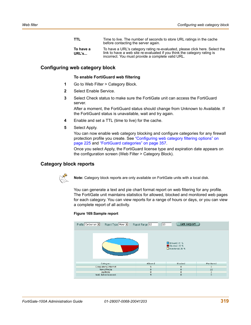 Configuring web category block, Category block reports | Fortinet 100A User Manual | Page 319 / 374