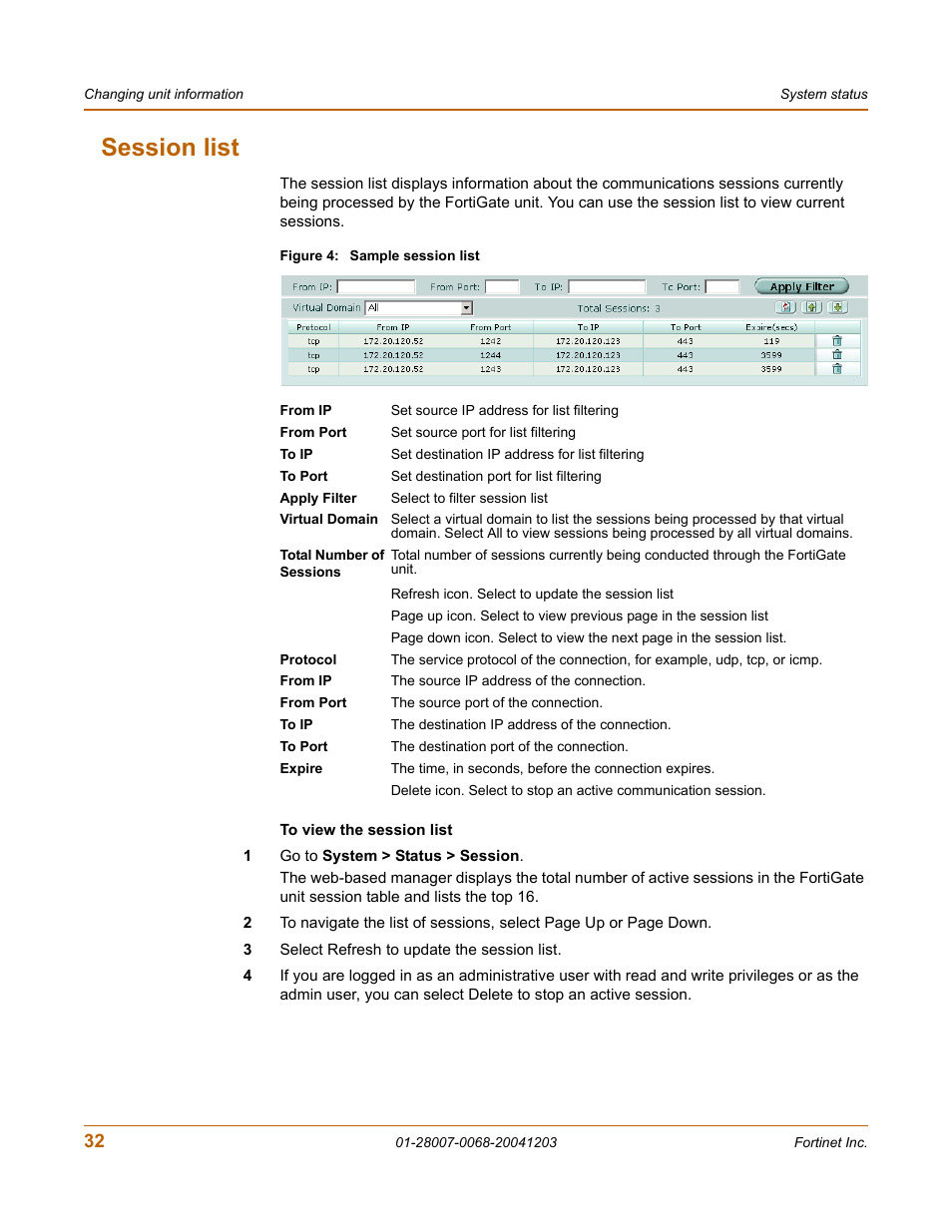 Session list | Fortinet 100A User Manual | Page 32 / 374