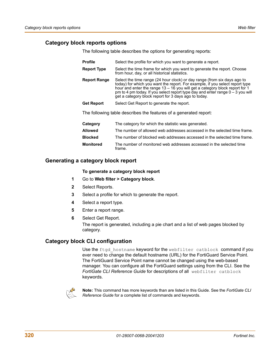 Category block reports options, Generating a category block report, Category block cli configuration | Category block cli | Fortinet 100A User Manual | Page 320 / 374