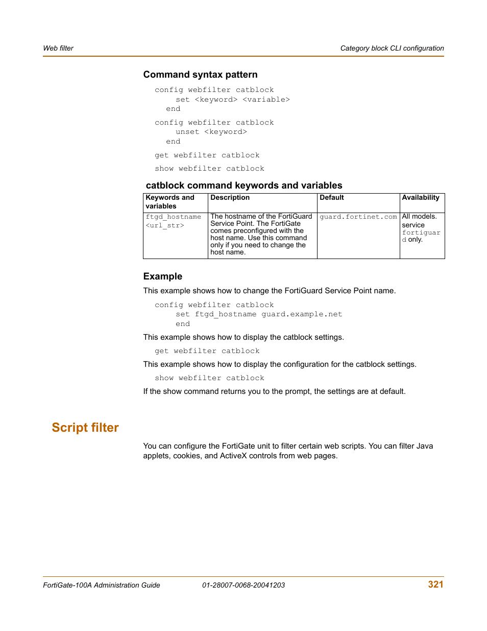 Command syntax pattern, Example, Script filter | Fortinet 100A User Manual | Page 321 / 374