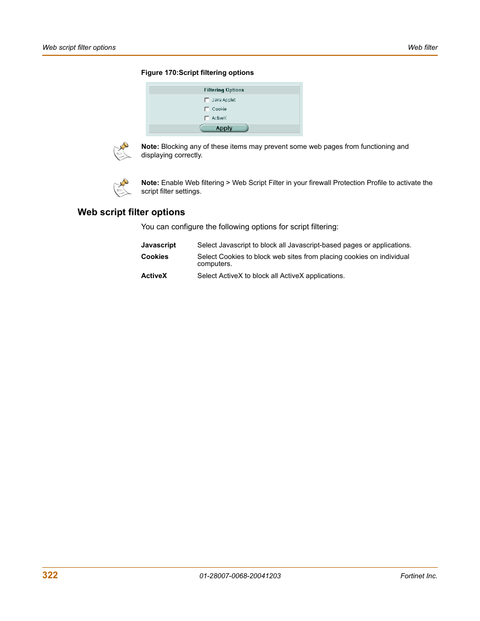 Web script filter options | Fortinet 100A User Manual | Page 322 / 374