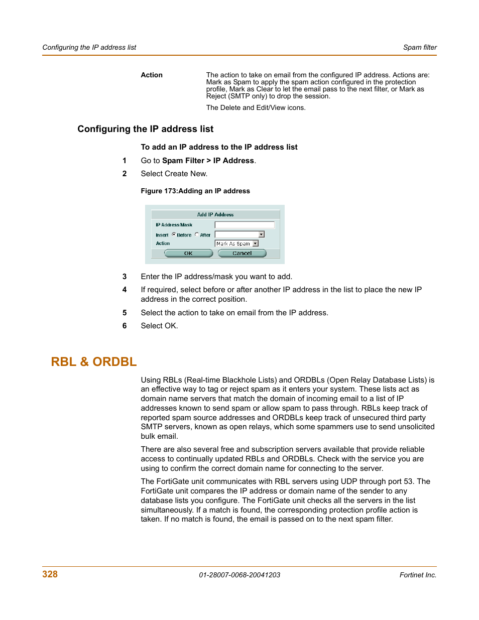 Configuring the ip address list, Rbl & ordbl | Fortinet 100A User Manual | Page 328 / 374