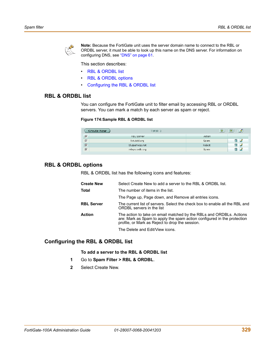 Rbl & ordbl list, Rbl & ordbl options, Configuring the rbl & ordbl list | Fortinet 100A User Manual | Page 329 / 374