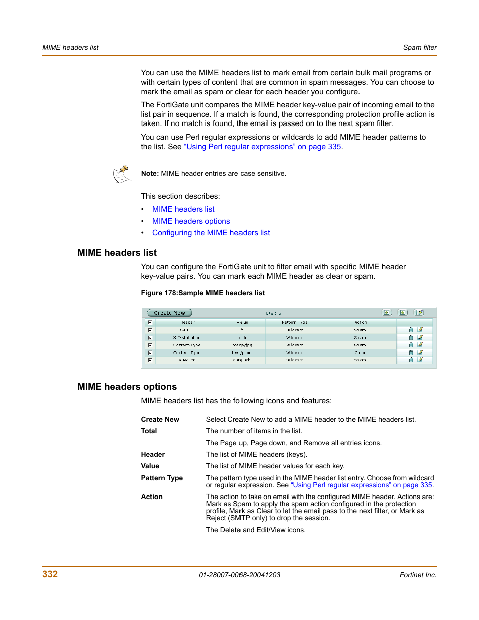 Mime headers list, Mime headers options, Mime headers list mime headers options | Fortinet 100A User Manual | Page 332 / 374