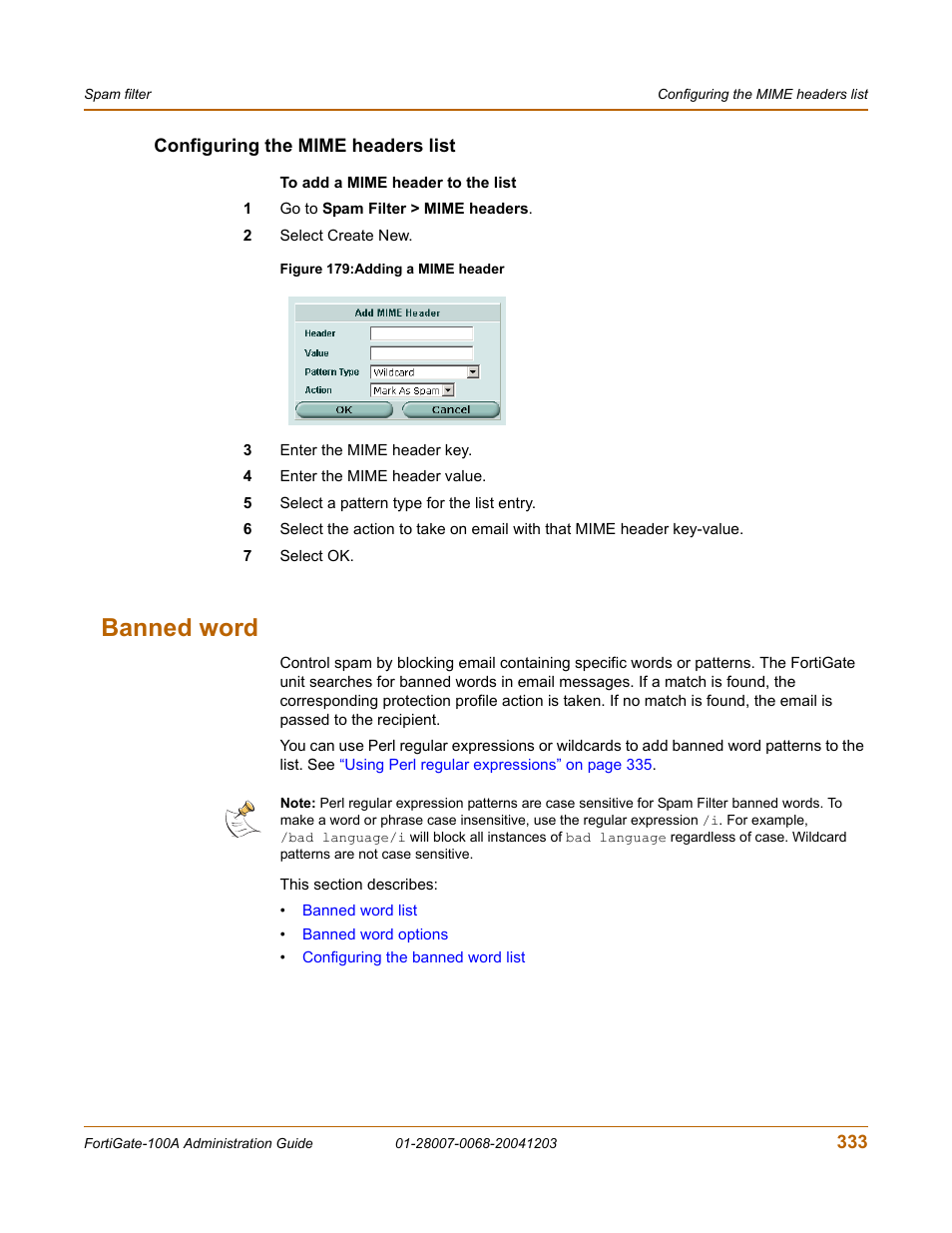 Configuring the mime headers list, Banned word | Fortinet 100A User Manual | Page 333 / 374