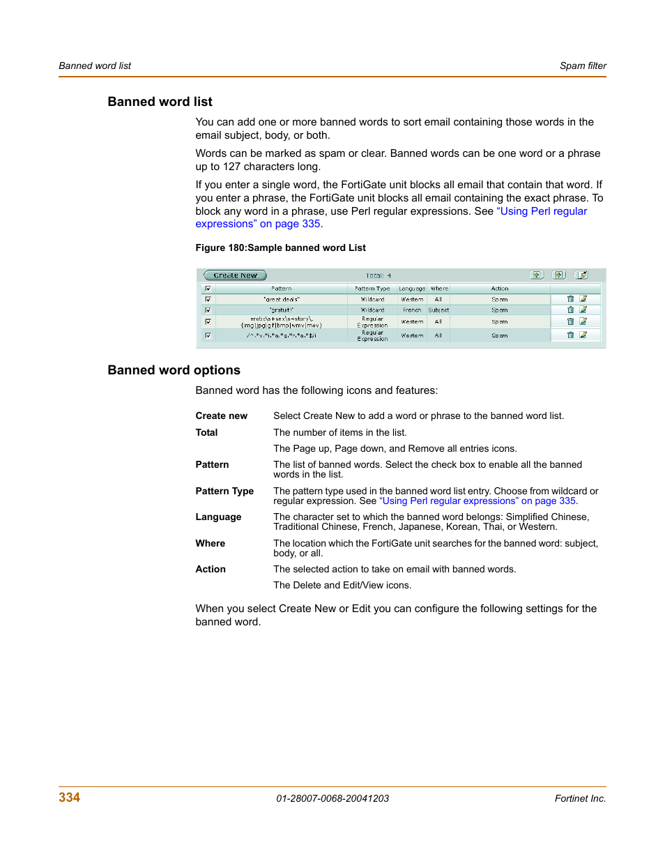 Banned word list, Banned word options, Banned word list banned word options | Fortinet 100A User Manual | Page 334 / 374