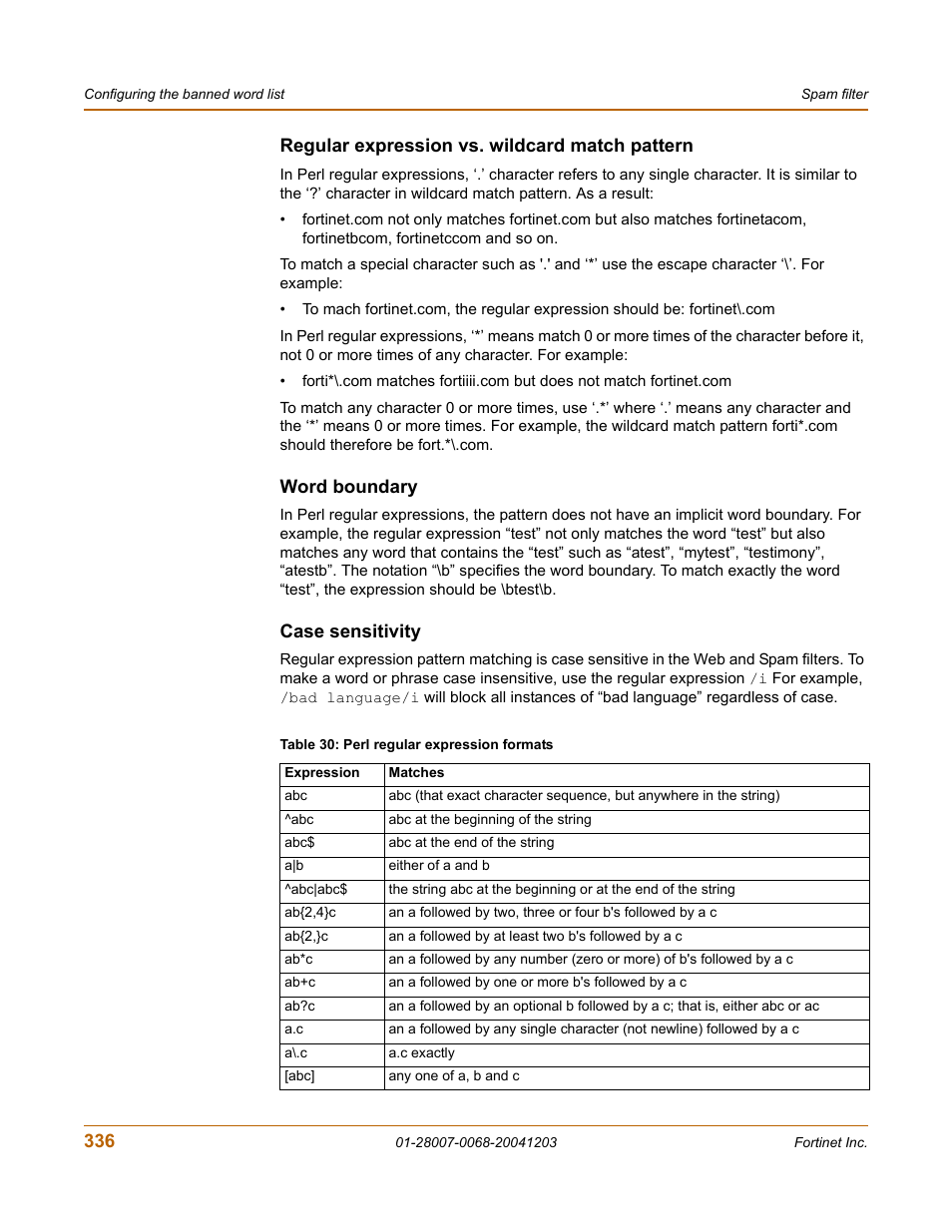 Regular expression vs. wildcard match pattern, Word boundary, Case sensitivity | Fortinet 100A User Manual | Page 336 / 374