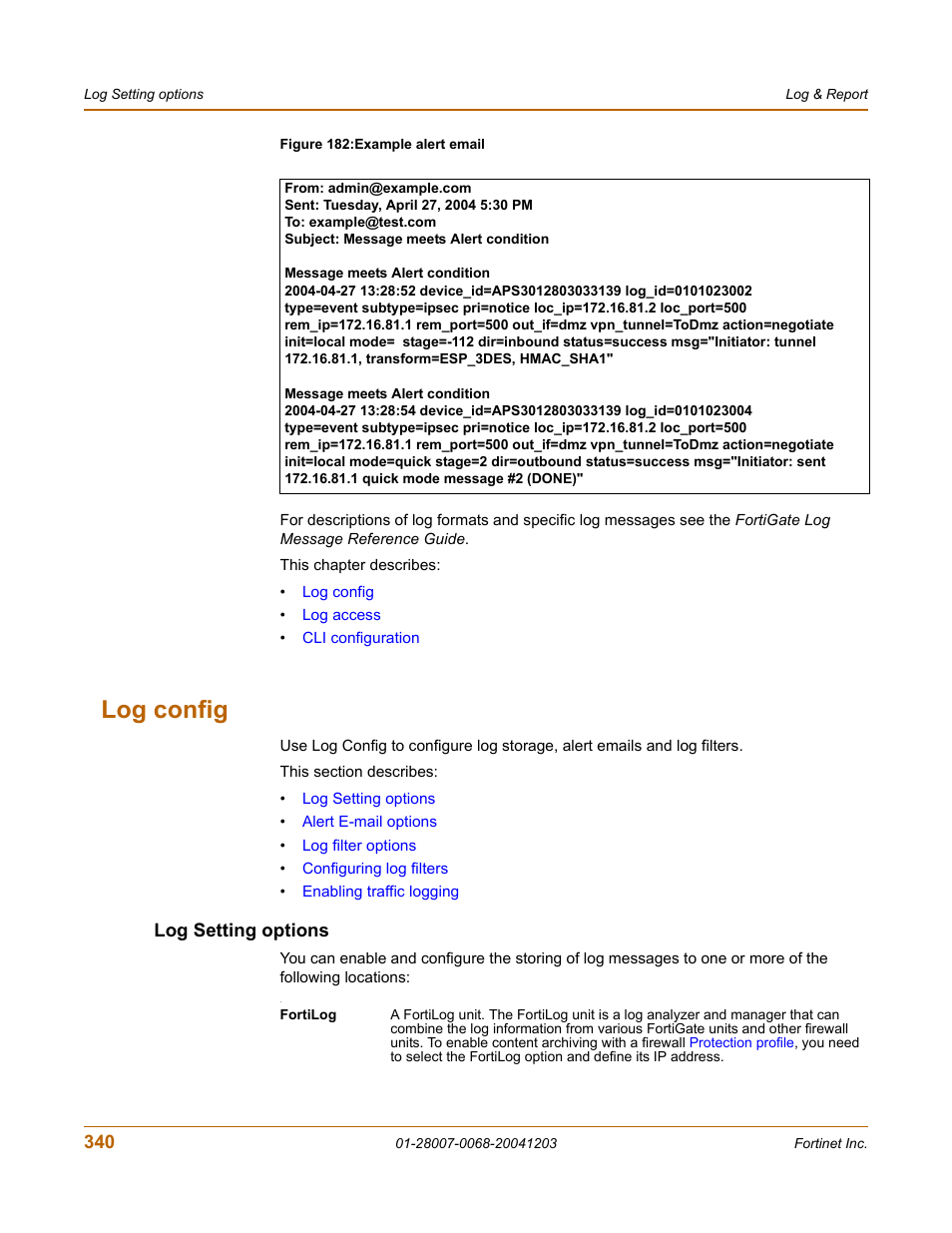 Log config, Log setting options | Fortinet 100A User Manual | Page 340 / 374