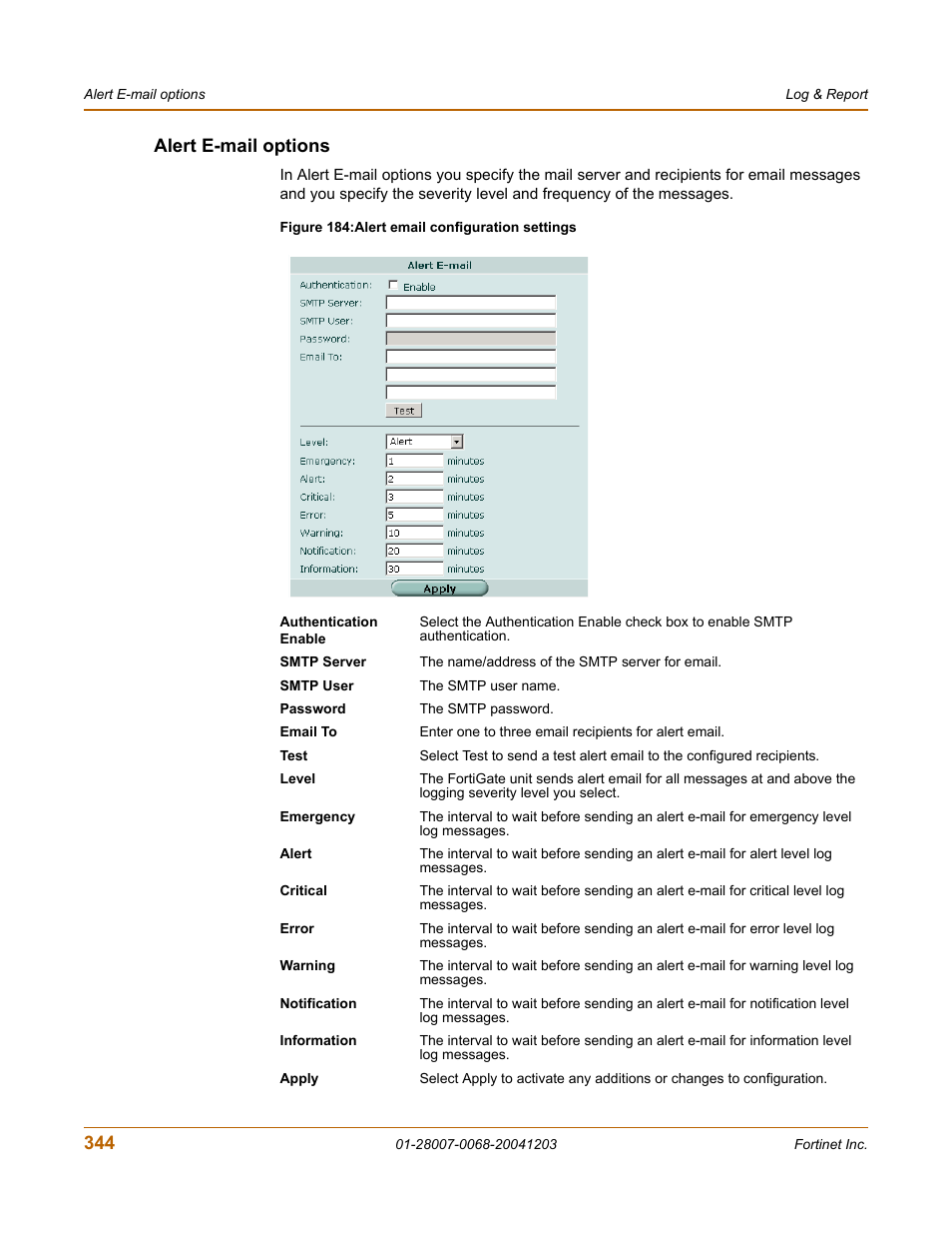 Alert e-mail options | Fortinet 100A User Manual | Page 344 / 374