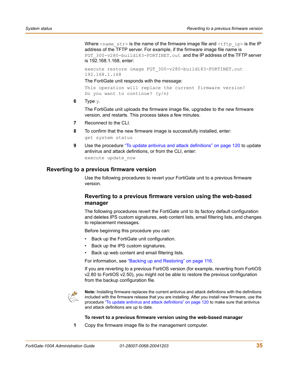 Reverting to a previous firmware version | Fortinet 100A User Manual | Page 35 / 374