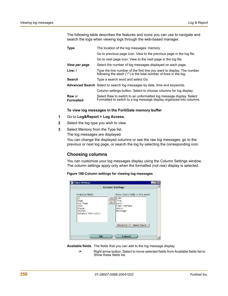 Choosing columns | Fortinet 100A User Manual | Page 350 / 374