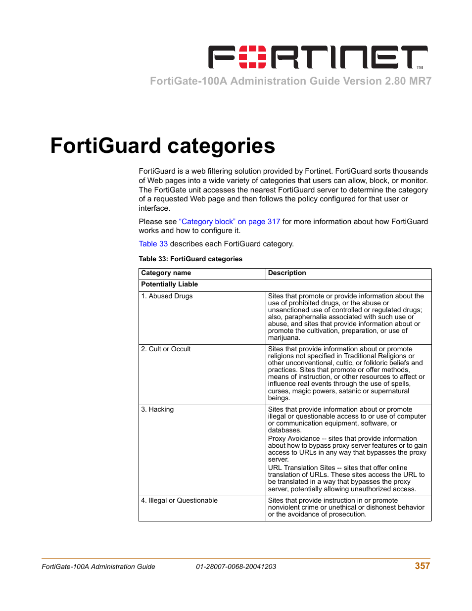 Fortiguard categories | Fortinet 100A User Manual | Page 357 / 374