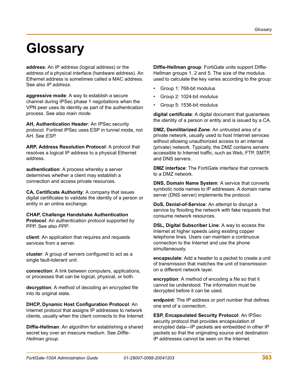 Glossary | Fortinet 100A User Manual | Page 363 / 374