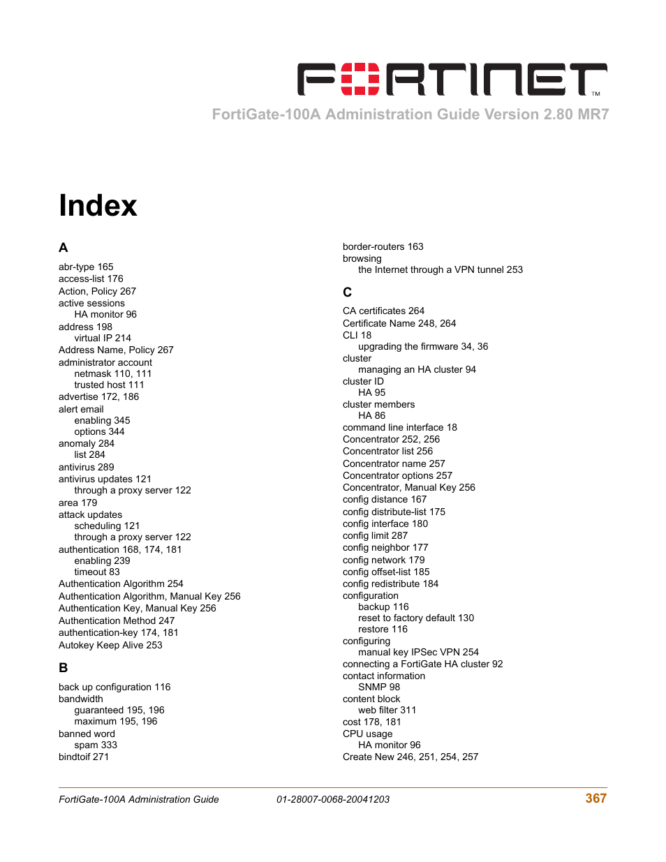 Index | Fortinet 100A User Manual | Page 367 / 374