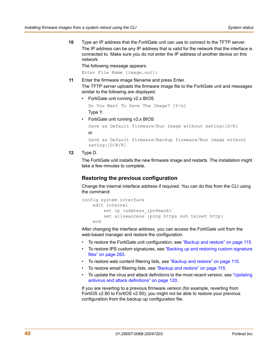 Restoring the previous configuration | Fortinet 100A User Manual | Page 40 / 374