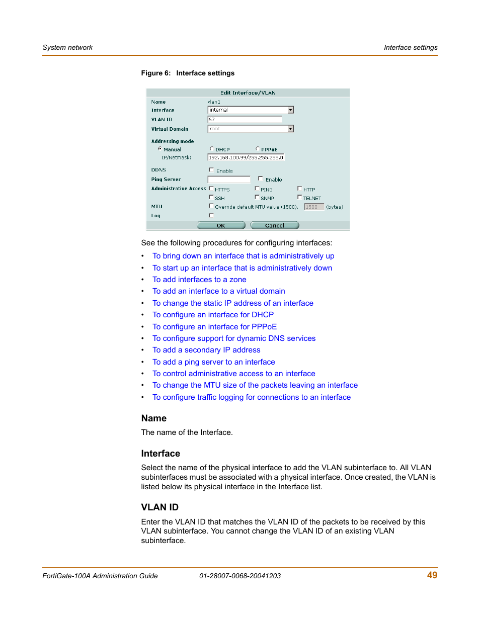 Name, Interface, Vlan id | Fortinet 100A User Manual | Page 49 / 374