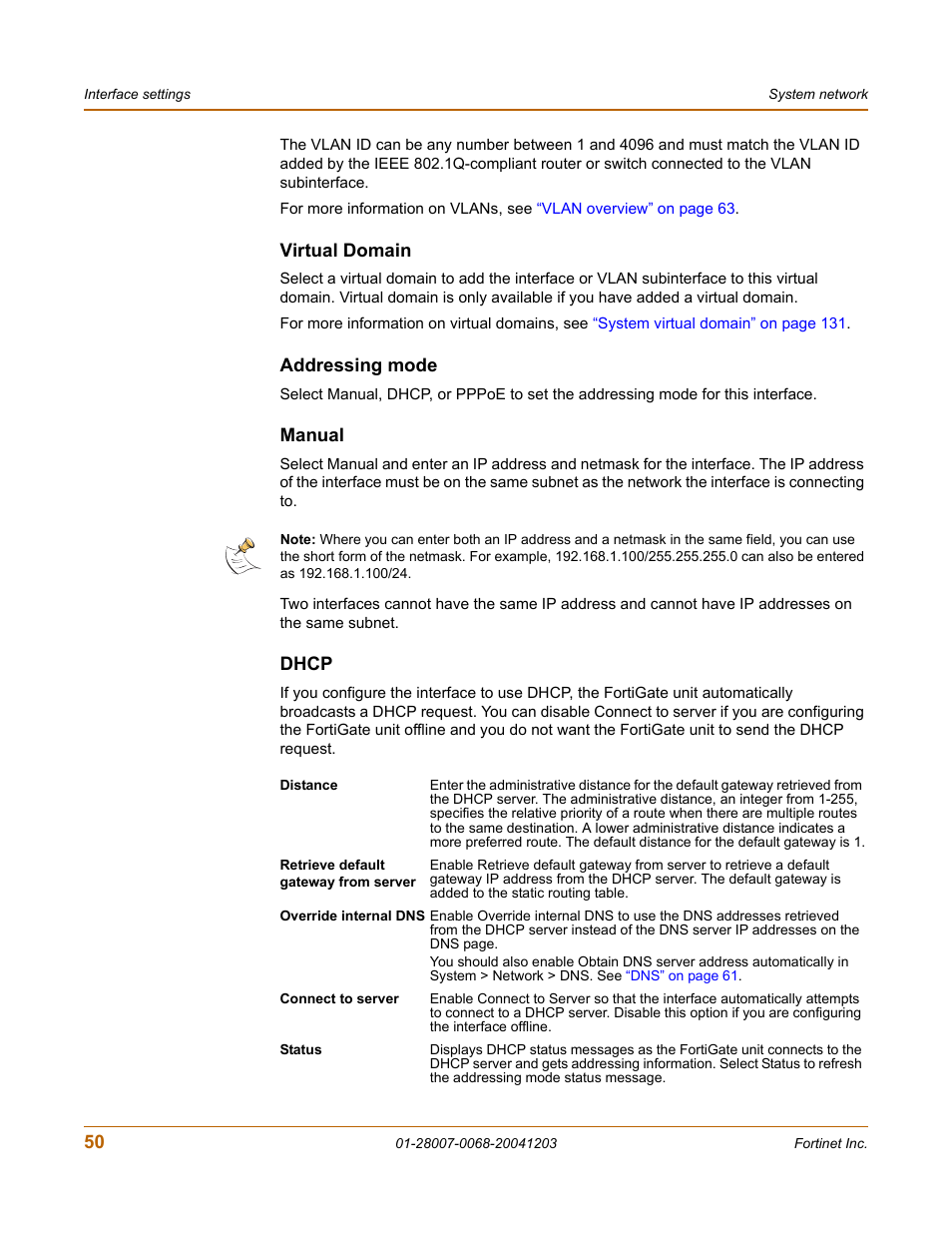 Virtual domain, Addressing mode, Manual | Dhcp | Fortinet 100A User Manual | Page 50 / 374