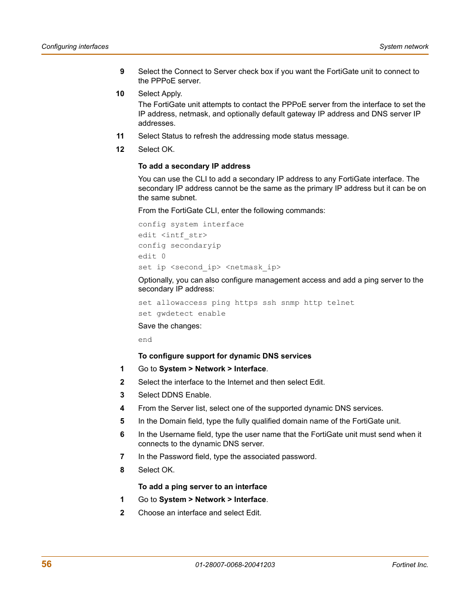 To configure support for dynamic dns services, To add a secondary ip address, To add a ping server to an interface | Fortinet 100A User Manual | Page 56 / 374