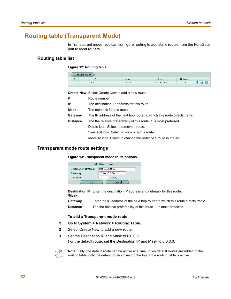 Routing table (transparent mode), Routing table list, Transparent mode route settings | Routing table list transparent mode route settings | Fortinet 100A User Manual | Page 62 / 374