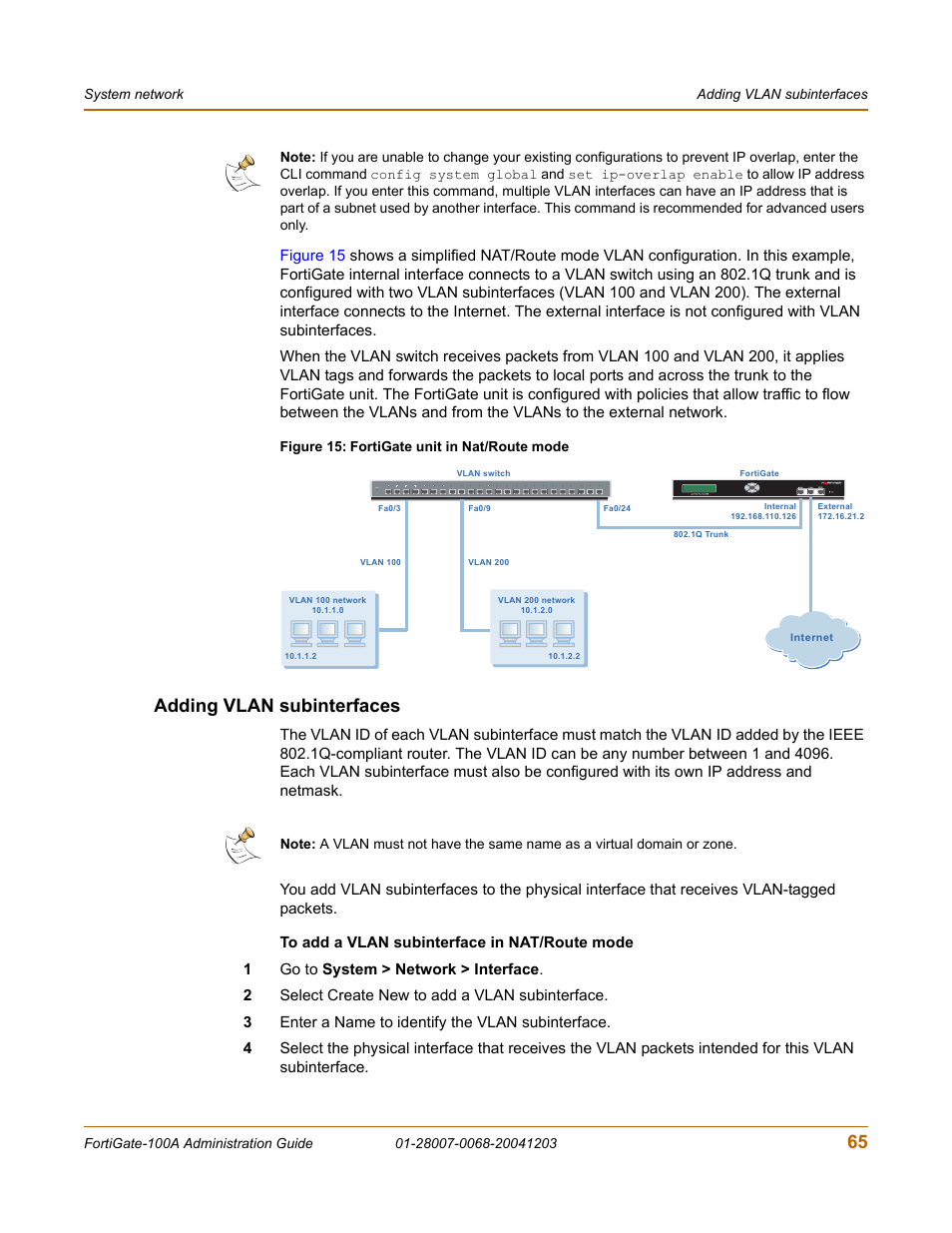 Adding vlan subinterfaces | Fortinet 100A User Manual | Page 65 / 374